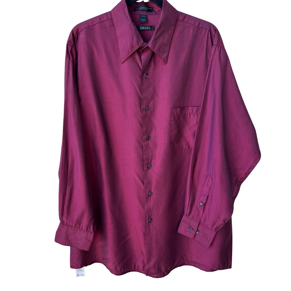 DKNY Y2K 90s Burgundy Iridescent Modal Shimmer Minimalist Shirt Mens L 16.5